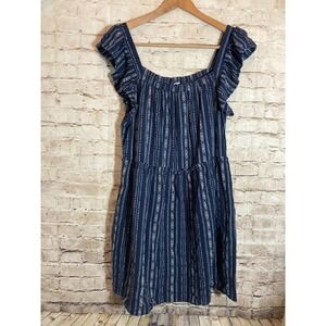 Time And Tru Linen Dress Womens XXXL Navy Blue Babydoll Ruffle Flutter Sleeve